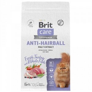 Brit Care д/кош Anti-Hairball Malt Extract вывед.шерсти Белая рыба/Индейка 400гр