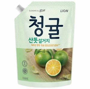 CJ LION Средство для мытья посуды, фруктов, овощей "BLENDING GreenTangerine Зелёный мандарин" 1000гр (мягкая уп.)