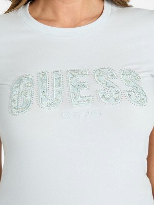 Светло-голубая футболка Guess с коротким рукавом и кружевом