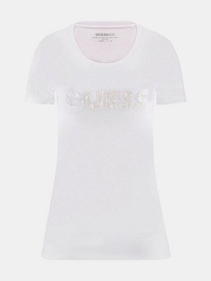 Белая футболка с короткими рукавами и логотипом Guess Sequin