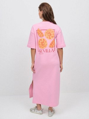 Платье миди Pink City Fruit с короткими рукавами и круглым вырезом на спине с рисунком