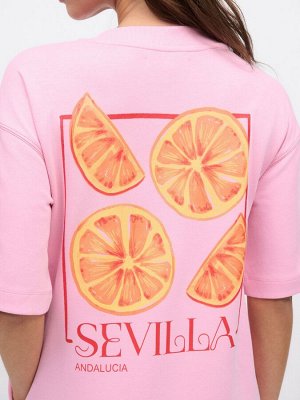 Платье миди Pink City Fruit с короткими рукавами и круглым вырезом на спине с рисунком