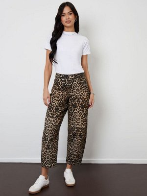 Джинсы Barel Leg Denim с леопардовым принтом, 100% хлопок, с необработанным краем