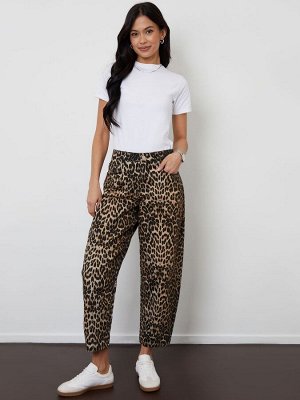 Джинсы Barel Leg Denim с леопардовым принтом, 100% хлопок, с необработанным краем