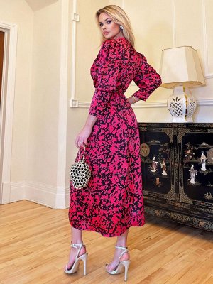Платье миди AX Paris Pink Cerise с принтом, топом-халатом и разрезом на юбке