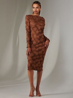 Коричневое - фактурное платье-миди Jolie Moi с длинными рукавами