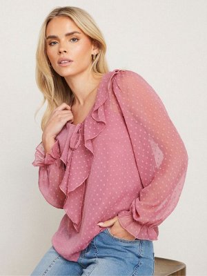 Розовый - блузка PixieGirl Petite Dobby с длинными рукавами и оборкой