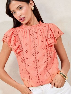 Футболка с вышивкой Lipsy Broderie Ruffle, 100% хлопок, розовая