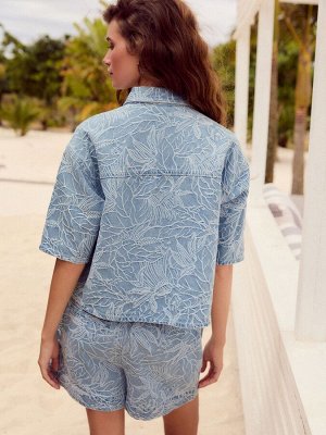 Укороченная джинсовая рубашка Leaf Jacquard из 100% хлопка