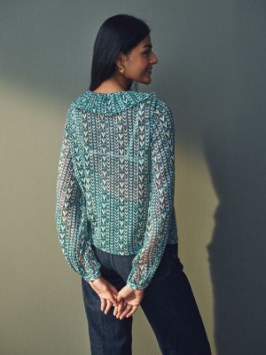 Блузка с прозрачным принтом «Teal Blue» и завязкой на шее, отделкой рюшами