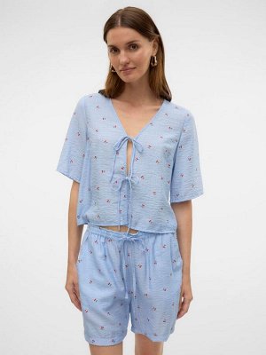 Синяя блузка VERO MODA с принтом вишни и завязкой спереди