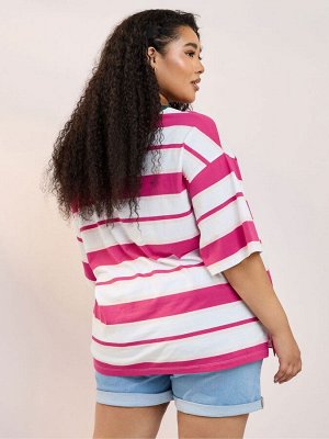 Розовый топ в полоску с контрастным вырезом Yours Curve из 100% хлопка