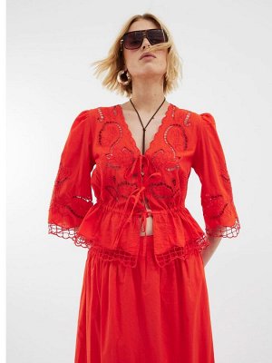 Блузка с ажурным узором, рукава 3/4, завязка спереди, 100% хлопок, River Island, красный