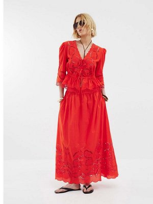 Блузка с ажурным узором, рукава 3/4, завязка спереди, 100% хлопок, River Island, красный