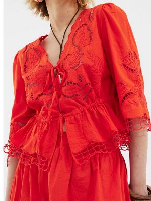 Блузка с ажурным узором, рукава 3/4, завязка спереди, 100% хлопок, River Island, красный