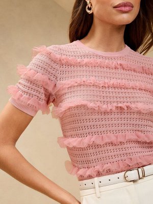 Розовый трикотажный топ Lipsy с ажурной вязкой, сетчатой оборкой и короткими рукавами, круглым вырезом