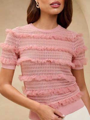 Розовый трикотажный топ Lipsy с ажурной вязкой, сетчатой оборкой и короткими рукавами, круглым вырезом