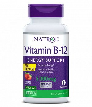 Витамин B-12 Natrol Fast Dissolve, 5000 мкг, 100 таблеток для рассасывания, со вкусом клубники
