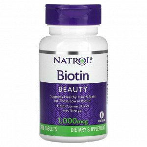 Natrol Биотин 1000 мкг, 100 таблеток — для здоровья волос, кожи и ногтей