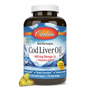 Carlson Cod Liver Oil Lemon, 460 мг, 150 капсул — рыбий жир из печени трески с лимонным вкусом, омега-3, витамин A и D