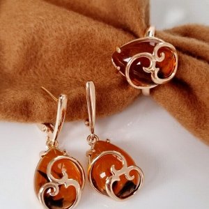 Комплект ювелирная бижутерия коллекция  "Дубай" серьги и кольцо 17 р, покрытие: позолота, вставка: искусственный янтарь, арт.314.561-17