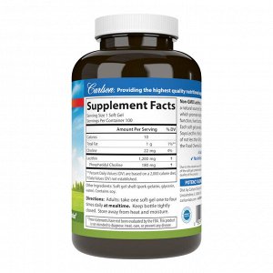 Carlson Labs Lecithin, 1200мг, 100 мягких капсул – соевый лецитин для печени, нервной системы и обмена жиров