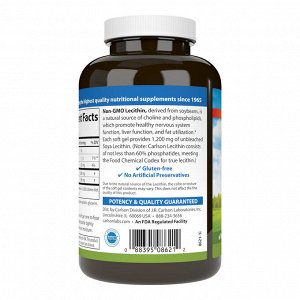 Carlson Labs Lecithin, 1200мг, 100 мягких капсул – соевый лецитин для печени, нервной системы и обмена жиров