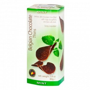 Шоколадные чипсы Belgian Chocolate Thins – Mint со вкусом мяты, 80 г