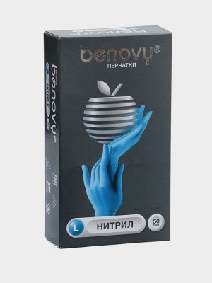 Перчатки Benovy, нитриловые, медицинские, голубые, 3 г, L, 50 пар/уп