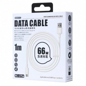 Кабель для мобильных устройств Remax Marlik Series Fast-charging Cable, с USB на USB Type-C, 6А, 1м, белый, арт. RC-175a
