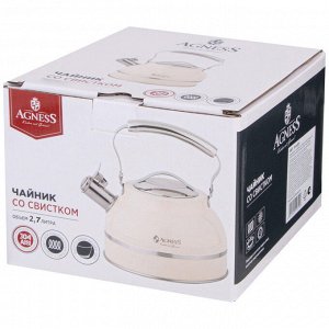 Чайник AGNESS Premium Steel 2,7 л с термоаккумулирующим дном для всех плит, со свистком, складной ручкой и быстрым закипанием, 1 шт.
