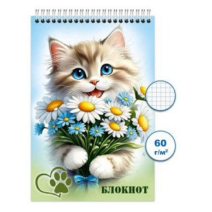 Блокнот на спирали 100х150 мм 48л клетка "Кошки 4" Бг48/9-4 Гранит