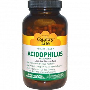 Country Life, Бактерии Acidophilus с пектином, 250 растительных капсул