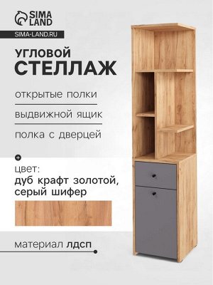 Стеллаж угловой «Лайт», 1 дверка, 1 ящик, 332x332x1504 мм, цвет дуб золотой крафт/серый шифер