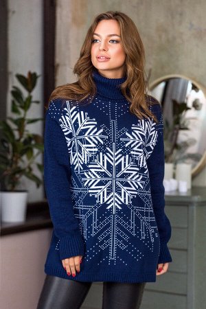 Теплый свитер со снежинками Сказка (синий, белый)