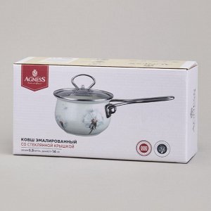 Эмалированный ковш AGNESS "Лавандовые коты" с крышкой, 0,9 л — стиль и гигиена для вашей кухни, 1 шт.