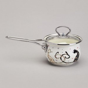 Эмалированный ковш AGNESS "Лавандовые коты" с крышкой, 0,9 л — стиль и гигиена для вашей кухни, 1 шт.