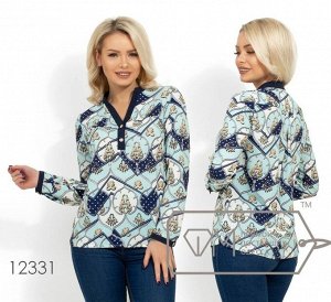 Принтованная блуза прямого кроя с контрастной отделко на V-образном вырезе и манжетах 12331