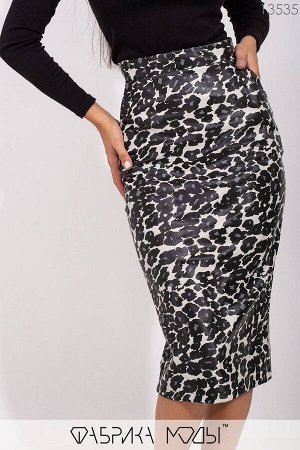 Леопардовая юбка карандаш высокой посадки с прорезными карманами по бокам и разрезом сзади 13535