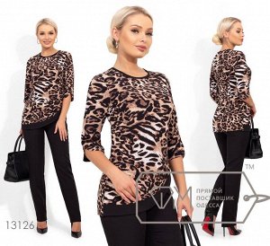Костюм: блуза с леопардовым принтом, рукавами 3/4, вдоль спинки на молнии, брюки на пуговице и резинкой сзади (без карманов) 131