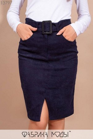 Вельветовая юбка карандаш высокой посадки со съемным поясом шлевками карманами и разрезом спереди 13797