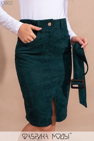 Вельветовая юбка карандаш высокой посадки со съемным поясом шлевками карманами и разрезом спереди 13802
