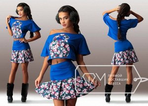 Костюм Матрёшка из дайвинга и джинса - мини-юбка на кокетке и свободная блузка с короткими рукавами Цвет 5154