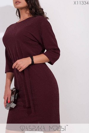 Короткое платье с люрексовой нитью, рукавами 3/4, резинкой на талии под пояс и разрезом сзади X11334