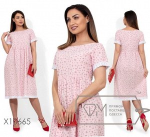 Платье-миди с цветочным принтом, круглым вырезом, завышенной талией, кружевной отделкой на коротких рукавах и подоле X10665
