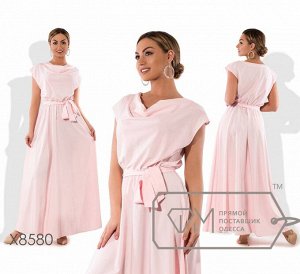 Платье в пол из софта с хомутом, коротким рукавом и резинкой по талии ( ткань просвечивается ) X8580