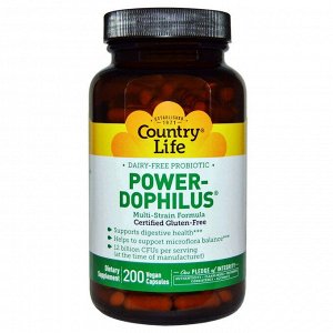 Country Life, Country Life, не содержит глютена, пробиотик Power-Dophilus, 200 веганских капсул