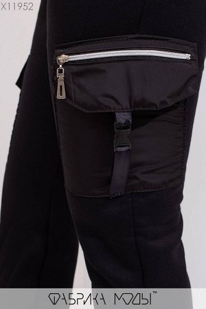 Утепленные брюки высокой посадки на резинке с кулиской и накладными карманами X11952