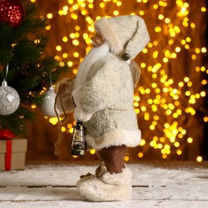 Дед Мороз "В белой шубке, с фонариком и мешком" 30 см