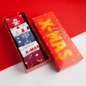 Носки женские новогодние X-MAS размер 36-40 (23-25 см), набор 5 пар
